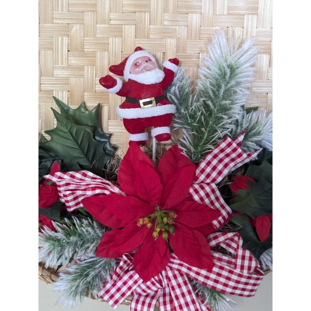 Vintage Flocked Chenille Santa Christmas Wreath Tray Poinsettia Wall Door Decor